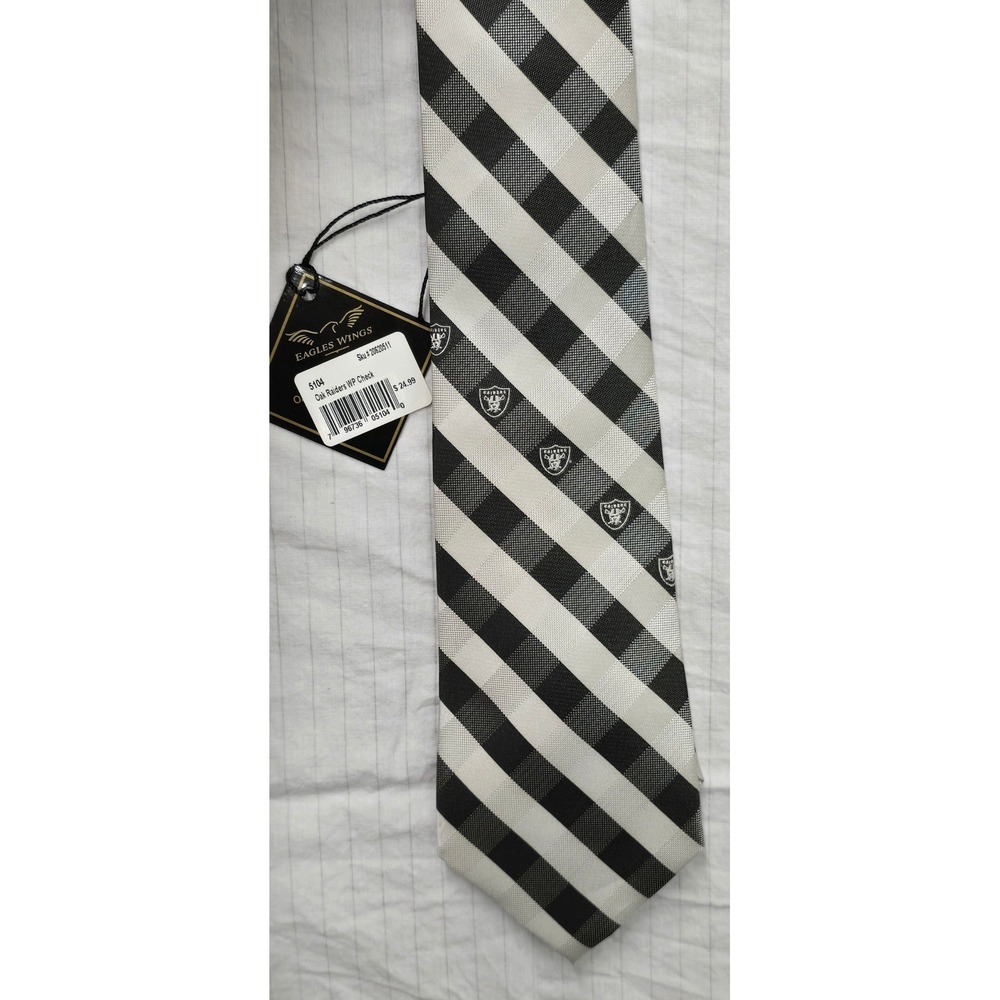 Eagles Wings NFL Oakland Raiders Necktie Black Silver Check Gingham Logo NWT